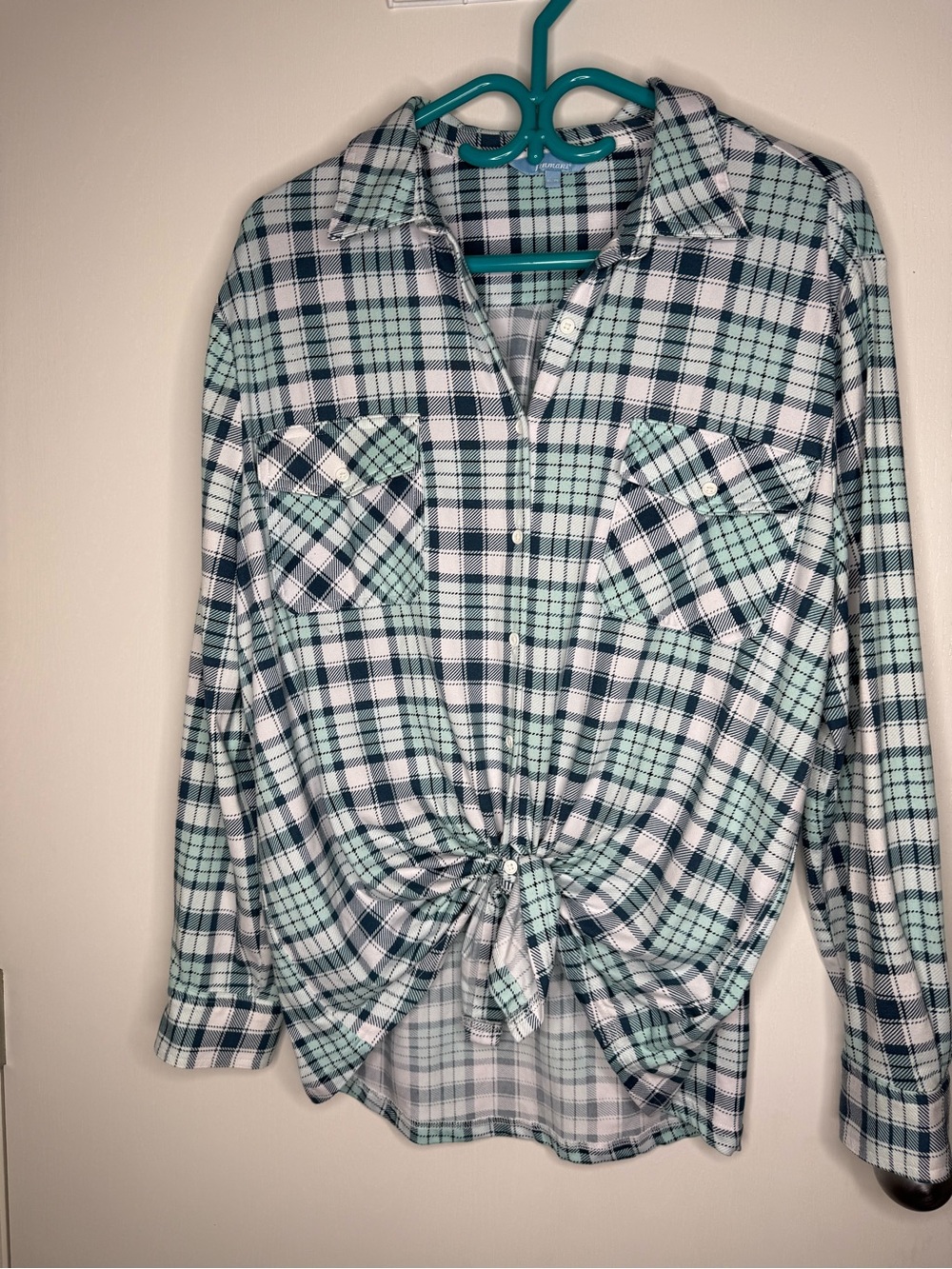 Penmans Tied Front Plaid Button-Up Shirt - Mint & Navy Women's XL